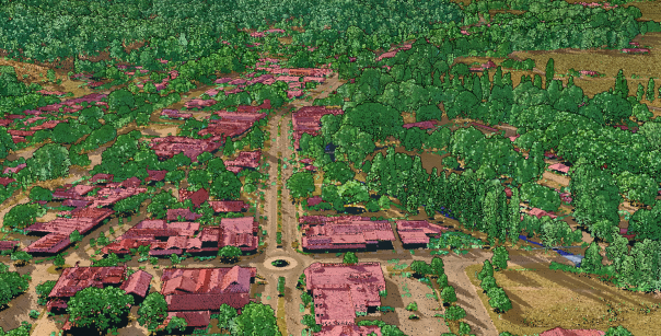 A LiDAR composite image showing a view of Myrtleford from a view looking diagonally down towards the town. Man-made structures are shown in shades of red, topohraphy is depicted in shades of yellow, and natural features in shades of green. There are several roads all vanishing into the mid-ground, with houses along the streets and a roundabout closer to the foreground.