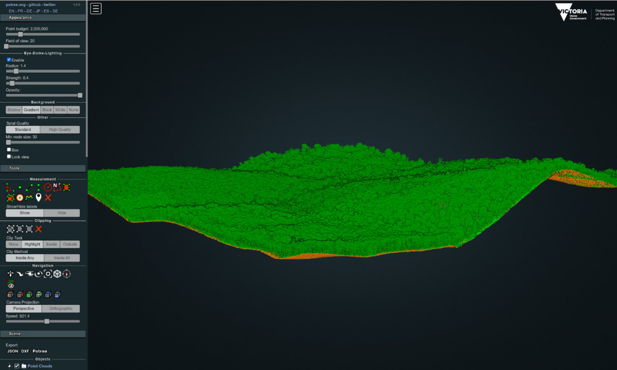A LiDAR image showing terrain and tree coverage in East Gippsland. Ground cover is shown in orange and tree coverage in grey.