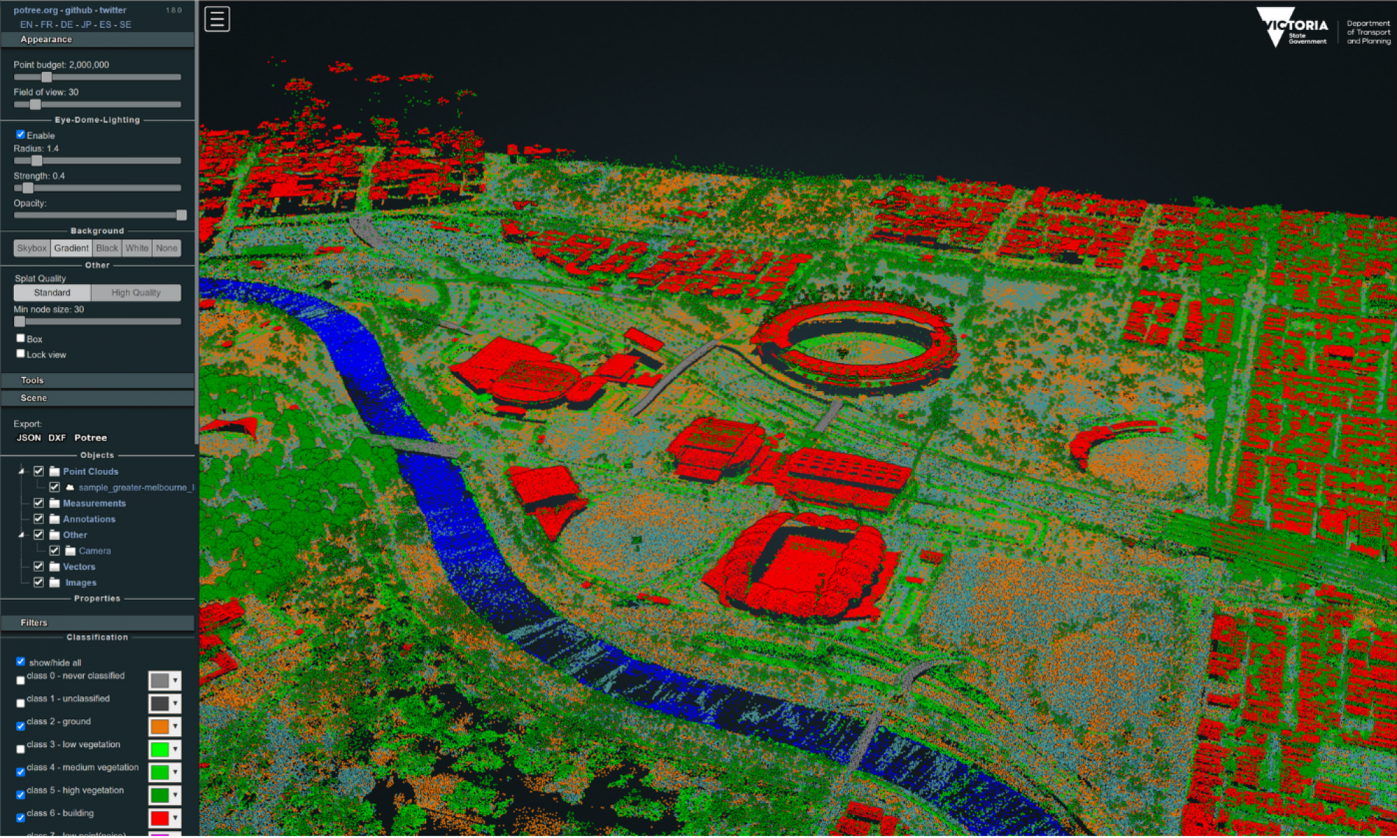 A screen capture of the web browser preview of greater Melbourne LiDAR data. A menu on the left hand side shows options to customise the data. The main screen shows terrain in shades of orange, vegetation in green, water in blue and buildings in red.