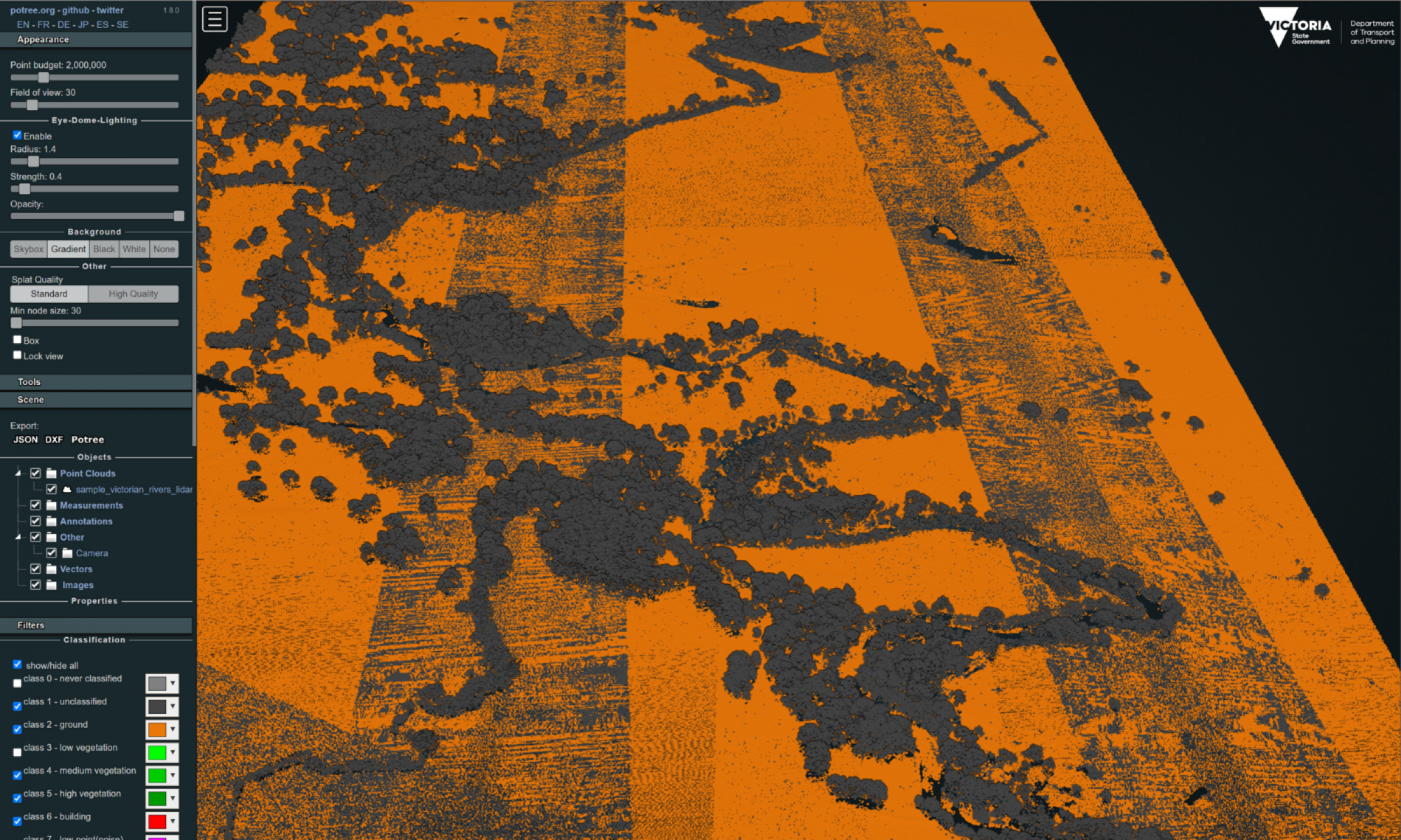A screen capture of the web browser preview of Victorian rivers LiDAR data. A menu on the left hand side shows options to customise the data. The main screen shows terrain in shades of orange, vegetation in green with vegetation in grey.