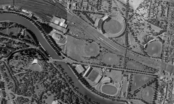 1984 aerial image of Melbourne’s sports precinct including the MCG before the construction of the Great Southern Stand.