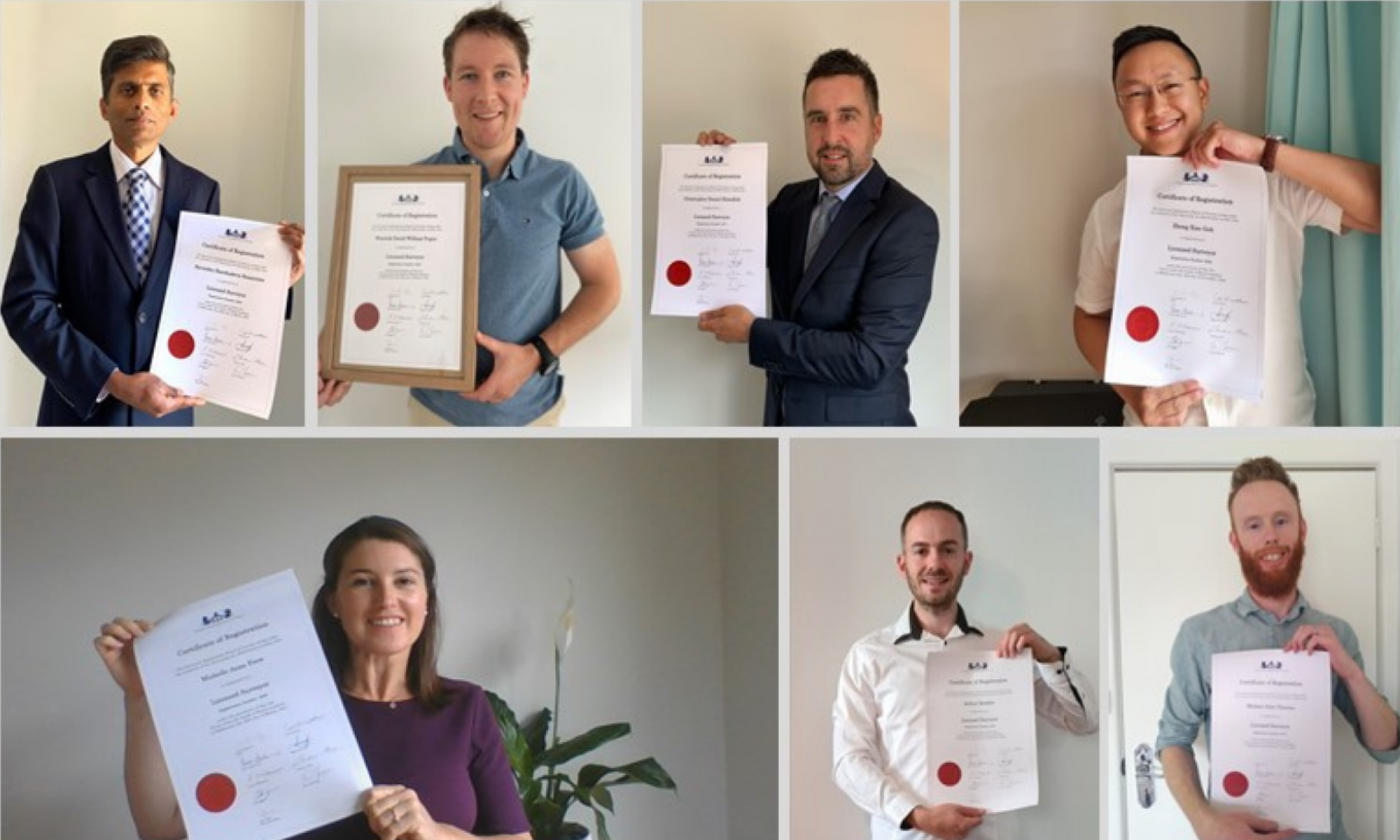 A photo collage of newly licensed surveyors posing with their certificates of registration.