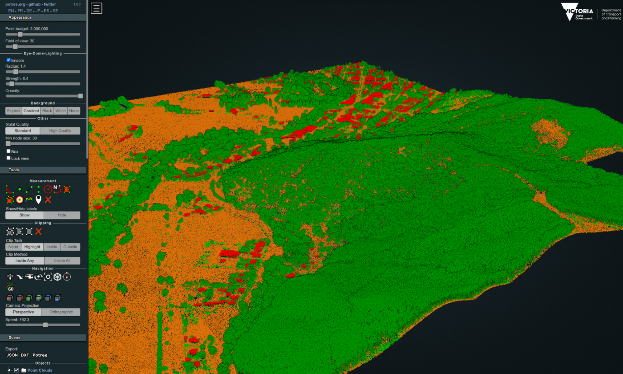 A screen capture of the web browser preview of DTV LiDAR data. A menu on the left hand side shows options to customise the data. The main screen shows terrain in shades of orange, vegetation in green and buildings in red.