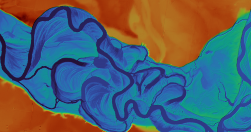 An aerial image of a portion of the Murray River using false colour to depict the depth of the waterway and height of land contours. The deepest points are shaded in blue, through shades of green, then yellow, then red for the highest points. The image shows the curves of the river wending back and forth across the landscape along with floodplains.  