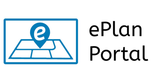 A blue ePlan logo with a horizontally placed rectangle, and inside, a grid of blue lines set out like property boundaries on a map. In the centre, a lower case e is embossed over a blue upside down droplet shape. To the right of the logo are the words ePlan Portal in black font.  