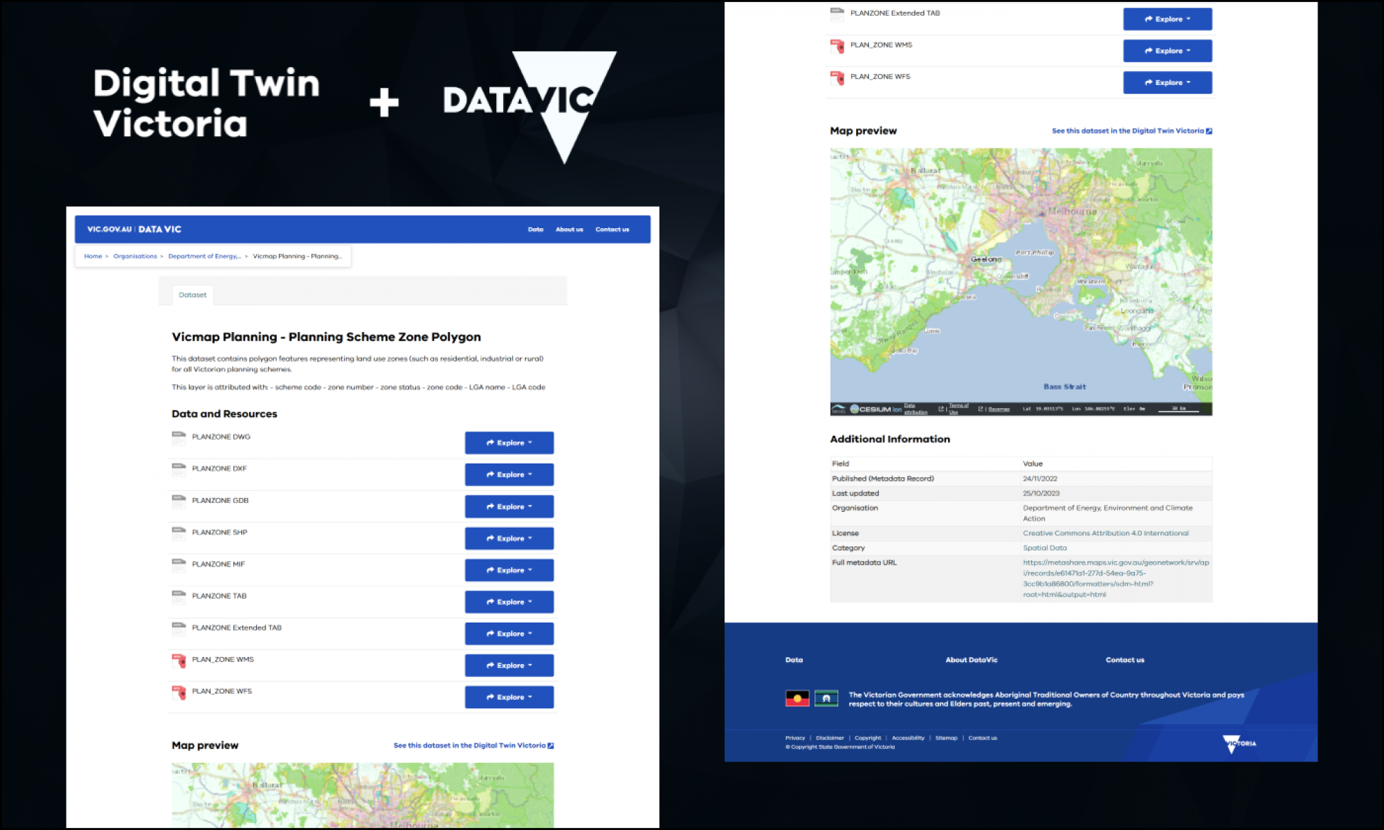 A black background with two halves of a web page overlayed over the top. The right hand side shows the top half of a DataVic product page displaying the Vicmap Planning Scheme Zone Polygon with a list of Data and resource files and their download links. The right hand side shows the second half of the web page featuring a Map preview of the data which is centred over Melbourne and Port Phillip, with a table at the very bottom listing technical details about the data.