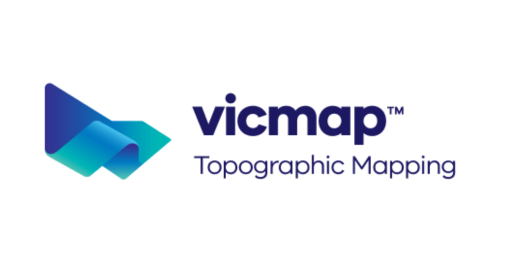 The Vicmap Topographic Mapping logo in blue text with a stylised representation of the state of Victoria on the left hand side of the image.  