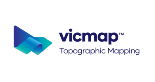 The Vicmap Topographic Mapping logo in blue text with a stylised representation of the state of Victoria on the left hand side of the image. 