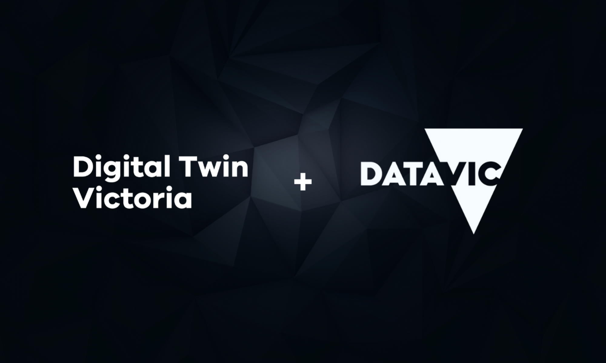 A black and grey background made of angular shapes with white logos over the top that read Digital Twin Victoria and DataVic.