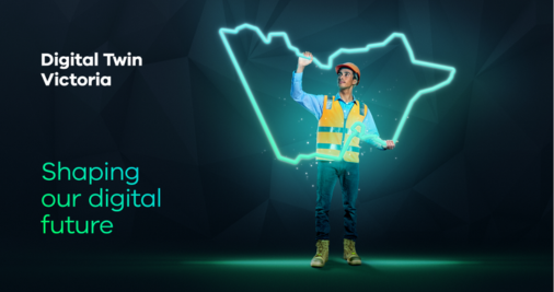 A man in hi-vis and hardhat holds up a glowing outline of the State of Victoria. Text on the left hand side reads 