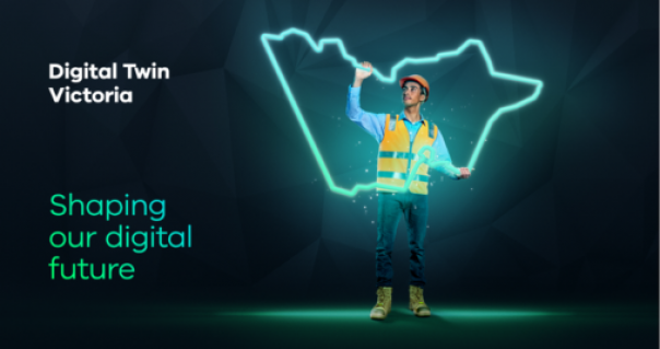 A man in hi-vis and hardhat holds up a glowing outline of the State of Victoria. Text on the left hand side reads 'Digital Twin Victoria: shaping our digital future'.