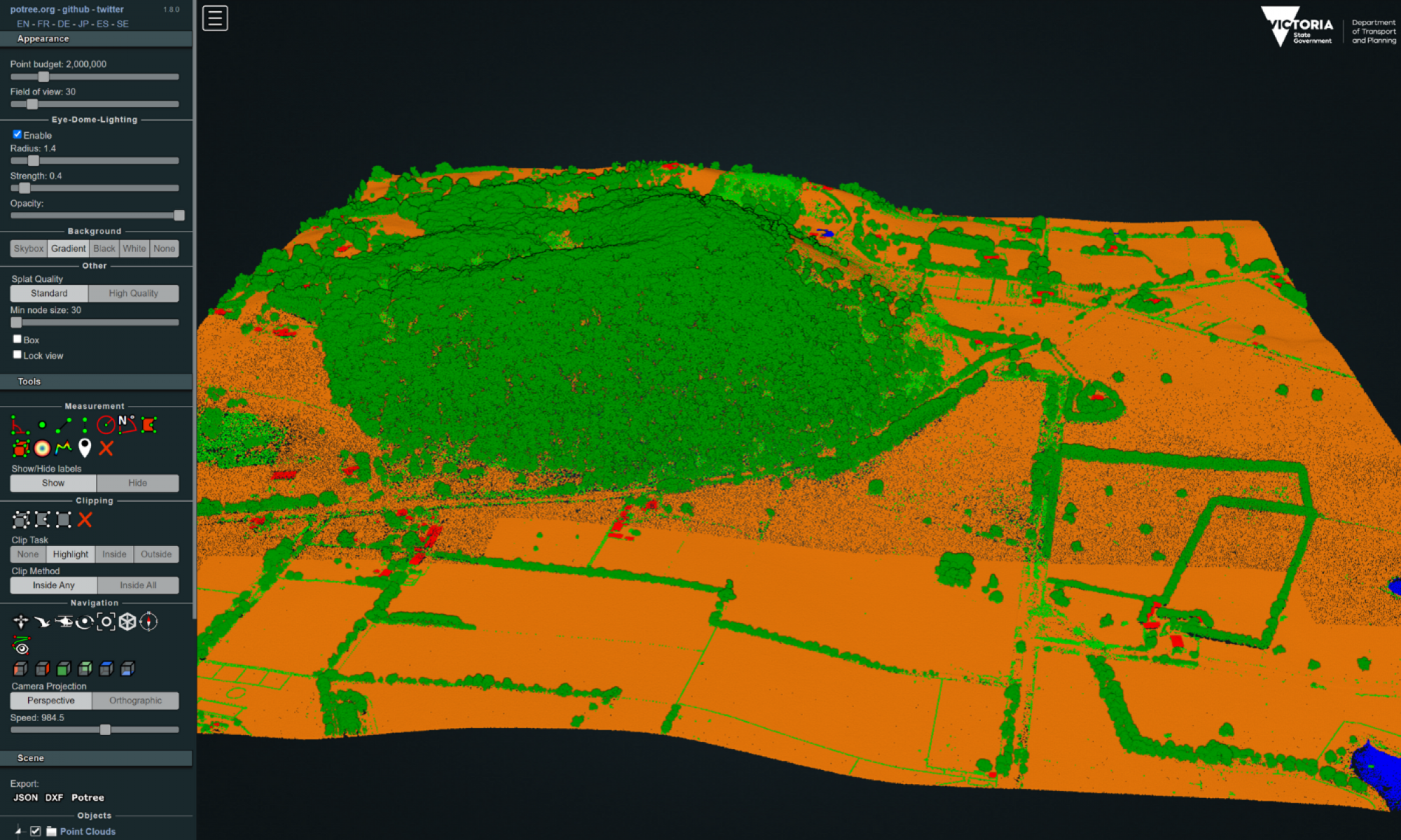 A screen capture of the web browser preview of Axedale-Moe and Golden Plains LiDAR data. A menu on the left hand side shows options to customise the data. The main screen shows terrain in shades of orange, vegetation in green, water in blue and buildings in red.