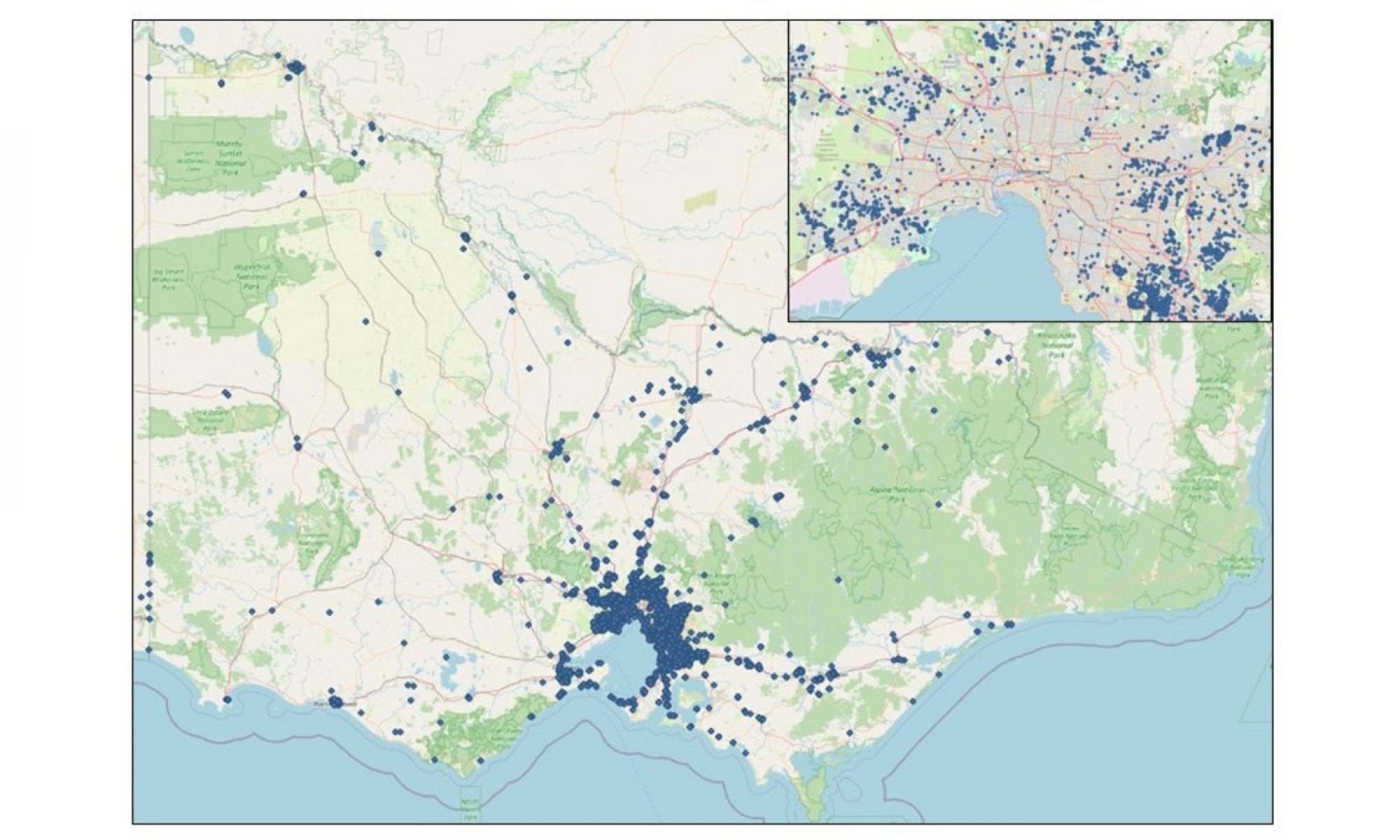 A map of Victoria with blue dots indicating where survey marks have been registered.