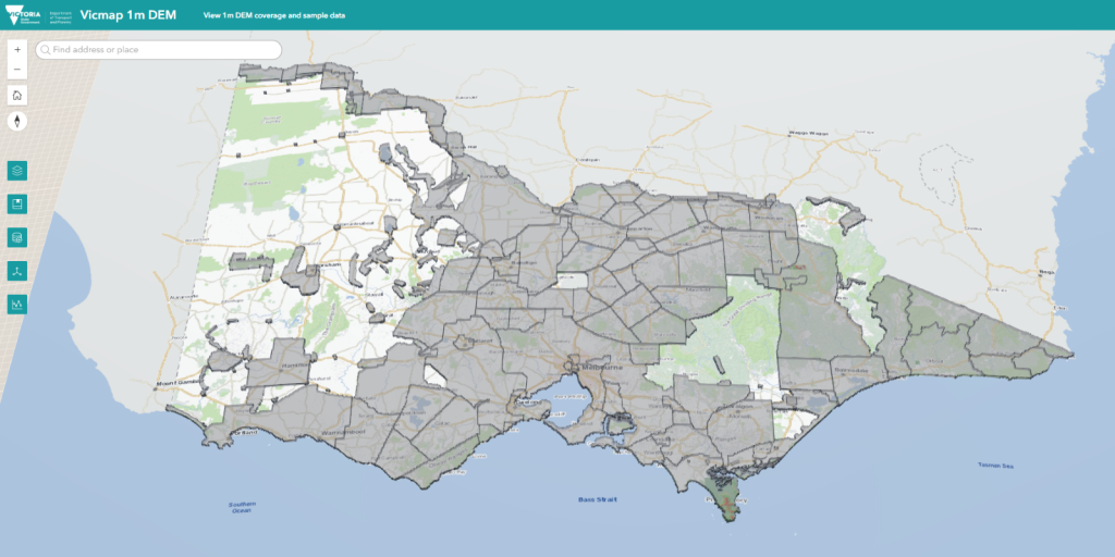 graphic of Vicmap 1m DEM sample webmap viewer showing the state of Victoria with areas of coverage shaded in grey.