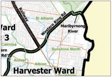 Above: Sample of municipal map showing wards. Vicmap Admin Localities (green), LGA Boundary (black line and yellow buffer) and ward boundaries (black lines)