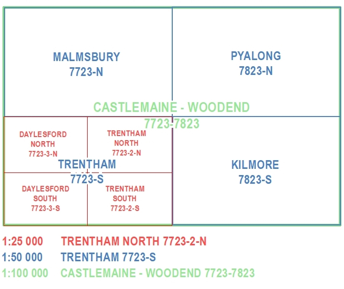 The links between the various scales are shown for 1:30 000 A4, 1:30 000 A3 and 1:25 000 mapping