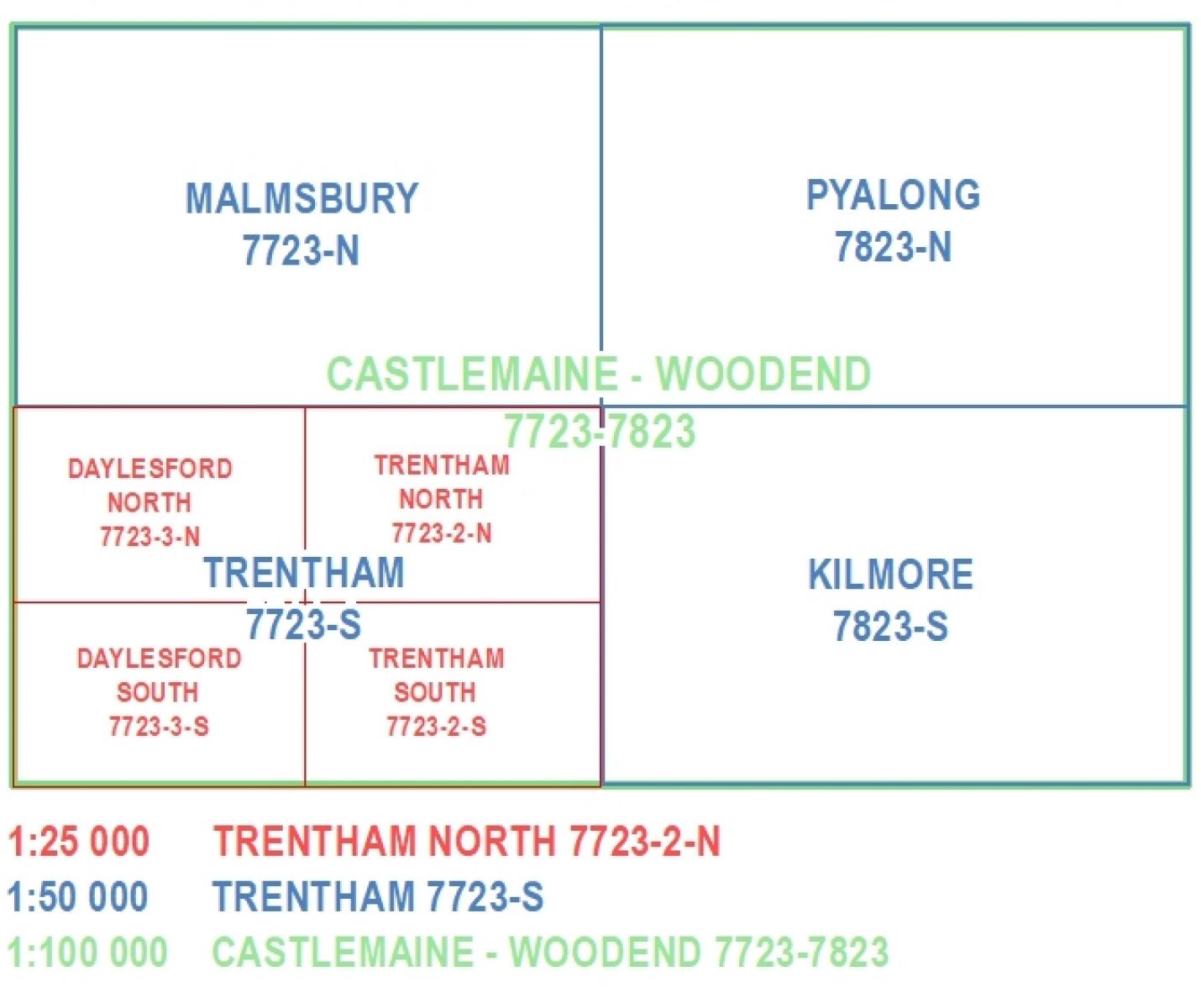 The links between the various scales are shown for 1:30 000 A4, 1:30 000 A3 and 1:25 000 mapping