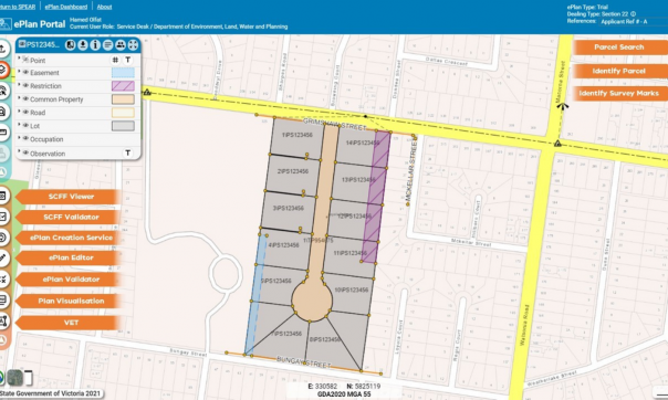 All services, functions, and tools to create and update an ePlan are accessible from a single location in the ePlan Portal of the SPEAR system. The suite of services appears on the left, and tools to conduct parcel search, and to identify parcels and survey marks appear on the right. All features of the displayed ePlan can also be identified, such as parcels, easements, occupation and survey observations.