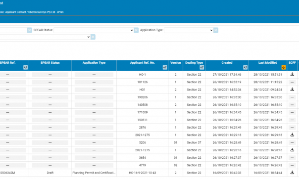 Surveyors can view their ePlan activity, including access to current and previous versions of the ePlan and associated files – Single CAD Format File (SCFF), LandXML file, Owners Corporation spreadsheet and Enhanced Diagram file. They can also remove the ePlans that are not attached to SPEAR applications, upload a new version of SCFF, search based on keyword, SPEAR Status, Applications Type or Dealing Type, export Dashboard data to Excel, and change the configuration of the Dashboard based on their preference.