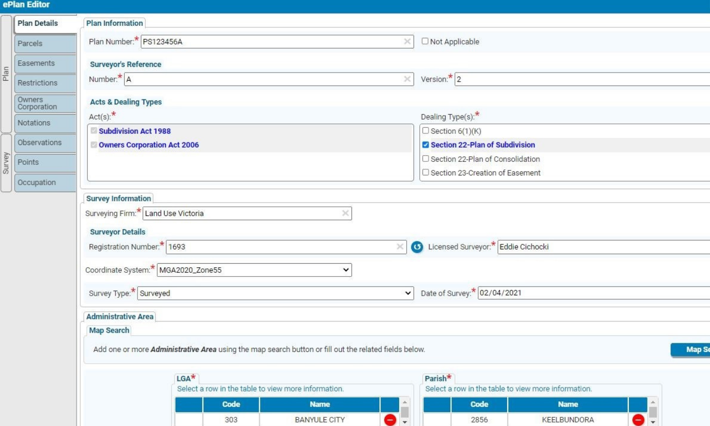 This User Interface (UI) is accessible when the surveyor has uploaded a Single CAD Format File (SCFF) compliant DXF file in the ePlan Creation Service. Data in the SCFF is converted on the fly and is pre-populated in the ePlan Editor. Cadastral data relevant to the subject parcels in the SCFF is also pre-populated from cadastral systems and databases, such as SPEAR, SMES, SRBV and Vicmap. All pre-populated data can be reviewed and edited, and new data entered. The UI also presents the surveyor with validation warnings for incomplete data. A LandXML file is generated when the process is completed, which can be validated by the ePlan Validation Service, and the plan automatically generated from the Plan Visualisation Service.