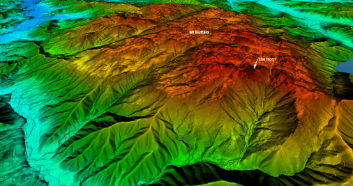 A derived image of Mount Buffalo and The Horn with the terrain and heights demonstrated using colour. The highest points are shaded in red, with the lowest valleys shown in aqua, and shades of yellow and green in between.  