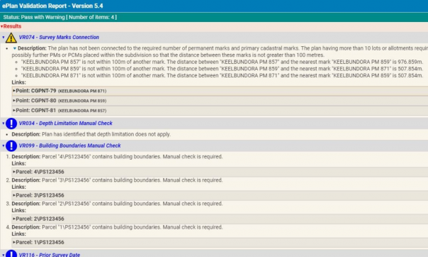 By executing the ePlan Validation Service, the surveyor can validate the ePlan LandXML file against a suite of business rules. This generates an ePlan Validation Report which identifies any errors and warnings that must either be addressed or justified by the surveyor.