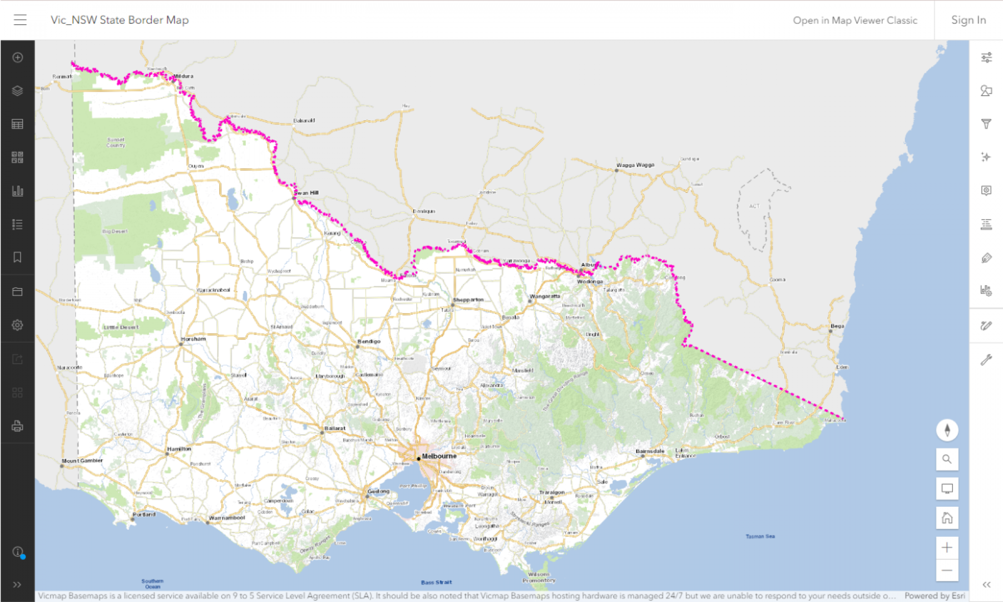 A map of the state of Victoria with the border line between Victoria and New South Wales represented by a series of pink dashed lines.