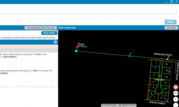 This service provides advice to the surveyor that their CAD plan drawing has been prepared in compliance to the Single CAD Format File (SCFF) requirements. 20 validation rules are checked, and a ‘Validation Status’ report is provided as to whether the SCFF has passed or failed. Validation messages are displayed for any non-compliance (shown left); accompanied with a complementary lite view of the SCFF (shown right). A link is provided between geometrical features causing errors within the report and SCFF content to enable the surveyor to better interpret the errors.