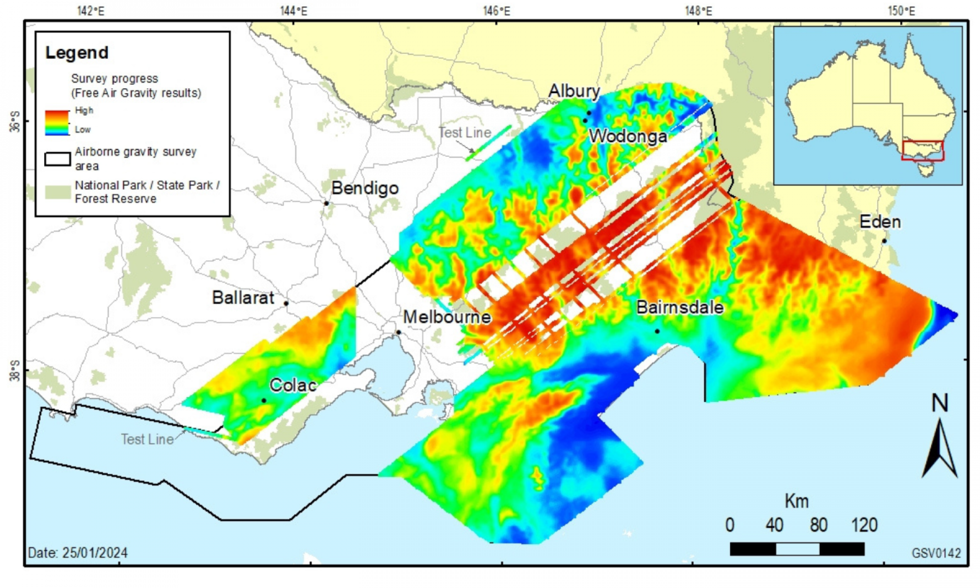 A map showing progress of the airborne gravity survey being flown over Victoria.