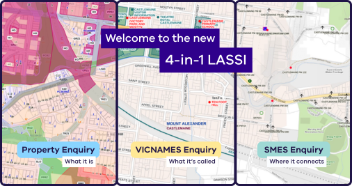 A stylised image of 3 different maps with the main heading 'Welcome to the new 4-in-1 LASSI. Subtext on the 3 different map sections read 'Property enquiry - what it is', 'VICNAMES enquiry - what it's called' and 'SMES enquiry - where it connects.'.  