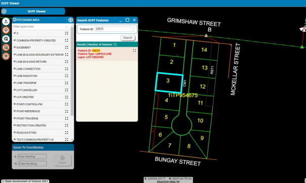 A tool that will assist address non-compliance issues of the Single CAD Format File (SCFF), the SCFF Viewer enables the surveyor to view the SCFF and interact with any CAD layer (displayed along left panel) and selecting features of the CAD drawing, which are highlighted when selected. This tool provides two types of search: a) DXF Feature ID, and b) Coordinates.