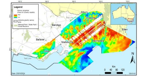 A map showing progress of the airborne gravity survey being flown over Victoria. 