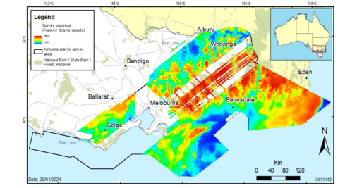 A map showing progress of the airborne gravity survey being flown over Victoria.  