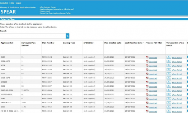 To submit the plan application for planning permit and council certification, the surveyor can select from a list of created ePlans from their own dedicated organisational site in SPEAR. Listed ePlans can also viewed and edited in the ePlan Portal, as well as previewing the visualised PDF plan.